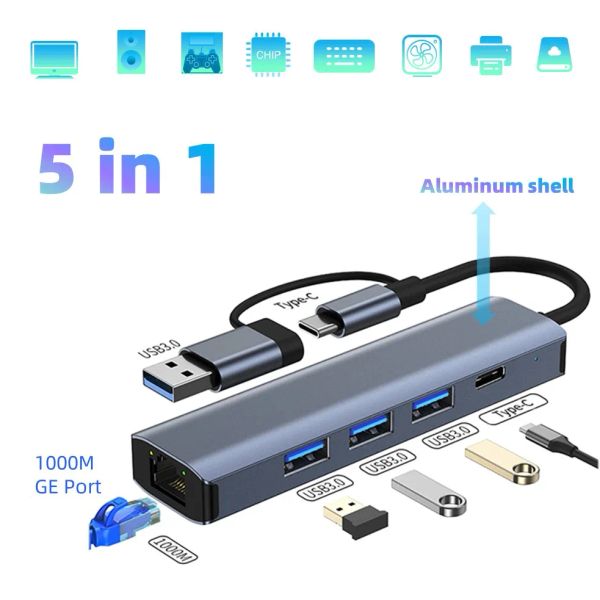 Hubs USB Hun Type C Extender Hub 5 in 1 Adaptateur multi-séparateur USB 3.0 Gigabit Ethernet Port RJ 45 à Tap Tap To Phone pour le référentiel PC