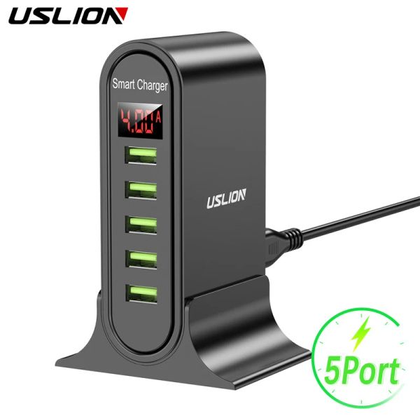 Hubs USLION 5 Port USB Charger Hub Multi USB Station de chargement Dock de bureau Home Affichage LED Universal New Chargers EU US UK Plug