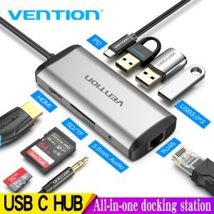 Hubs Revention USB C Hub Typec à 4K HDMI RJ45 VGA USB 3.0 Hub Dock pour Book Pro Huawei Mate 30 USBC 3.1 Port Splitter Port USBC Hub