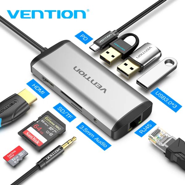 Hubs Vence USB Type C Convertisseur Type C vers HDMI VGA USB 3.0 PD POWER 3.5 mm Audio RJ45 Adaptateur Ethernet SD / TF Lecteur USB Hub New