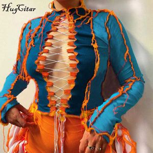 Hugcitar 2020 manches longues Patchwork pansement découpé Sexy haut court automne hiver femmes mode Streetwear tenues t-shirts Club Te X0628