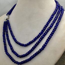 Énorme collier de perles à facettes en saphir bleu naturel 2x4 mm Collier 3 rangées 18-20 ''