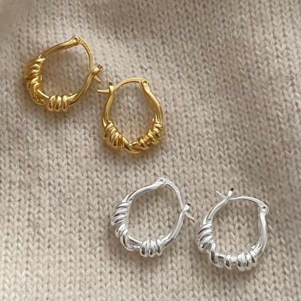 Huggie 18K Or Femmes Authentique 925 Argent Sterling Big Twist Corded Noeud Ovale Leverback Hoop Huggie Boucles d'oreilles BIJOUX FINS CC933