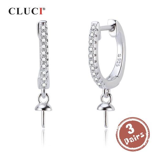 Huggie Cluci 3 paires Authentic 925 Silver Zircon Hoop Moucles d'oreilles bijoux pour femmes Sterling Silver Pearl Oreau Montage SE134SB