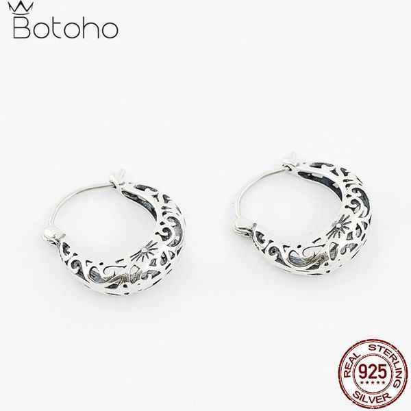 Pendientes de aro Huggie de Plata de Ley 925 pura con forma de luna, pendientes florales huecos Vintage, joyería a la moda para mujer, hija, esposa, madre