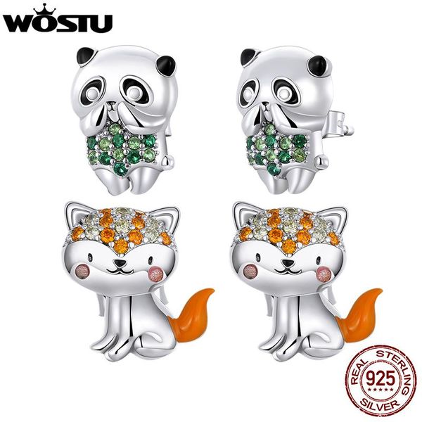 Huggie WOSTU-pendientes de plata de ley 925 con forma de Mini zorro y Panda, aretes con gancho para mujer, s925, circonita arcoíris, animales encantadores, joyería