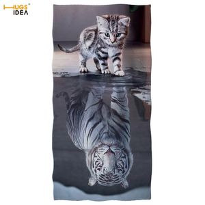 Hugsidea schattige kat reflectie tijger print strand handdoek wit dier sneldrogende badhanddoek super zachte polyester douche handdoeken 201027