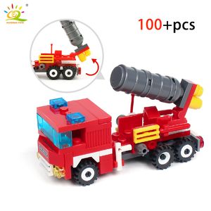 Huiqibao 348 stcs brandgevechten 4in1 vrachtwagens auto helikopter boot bouwstenen stadsbrandweerman figuren man bakstenen kinderen speelgoed