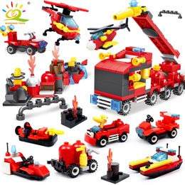 HUIQIBAO 376pcs 8in1 Fire Fighting Building Blocks Ville Camion Pompier Hélicoptère Bateau modèle éducatif Briques enfants Jouets LJ200928