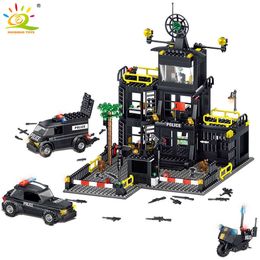 Huiqibao 739st City Police Station DIY Bouwstenen Speciale Politie Figuren Patrol Wagon Weapon Bricks Speelgoed Kinderen X0902