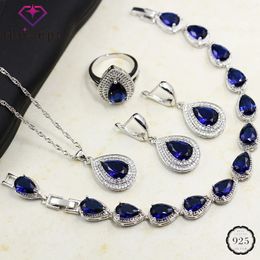 Bracelet de collier de boucles d'oreilles HUisept Rings 925 Bijoux en argent ensemble pour les femmes de la fête de mariage Drop Shape Sapphire Gemstone Gift 240401