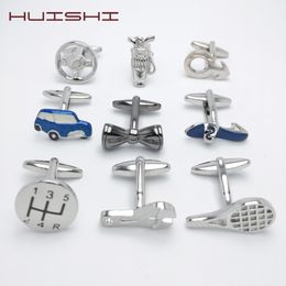 HUISHI Fashion Designs Vintage Bus Pièces Boutons De Manchette Voiture Cuivre Matériel Argenté Bleu Pour Hommes Boutons De Manchette De Voiture La Plus Grande Promotion