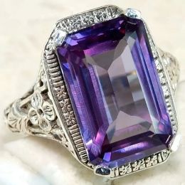 Huitan Big Square Purple CZ Ring For Women Gorgeous Wedding Party Lady's Accessoires Bloempatroon Fancy Gift Trendy Sieraden