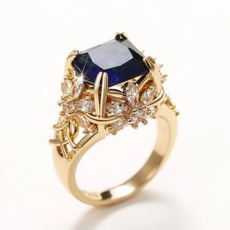 Huitan Luxury Square bleu cubique zircone or couleur femme anneaux enracinés cristal brillant cz magnifiques dydys ringans vintage bijoux 240523