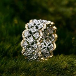 Huitan luxo dois tons zircônia cúbica anéis para mulheres oco para fora ampla festa de casamento ly design moderno moda jóias 240112