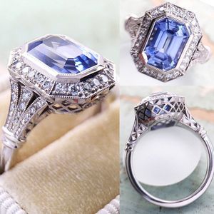 Huitan unieke geometrische blauwe zirconia ringen voor vrouwen verloving bruiloft trend eeuwigheid accessoires nieuw ontworpen sieraden