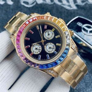 huiya06 Drop herenhorloge quartz uurwerk Horloges 40mm staal Kleurrijke Rainbow Diamond Bezel saffier waterproof263n