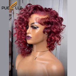 Moños humanos Profundo rizado Borgoña Rojo Color Corto Pixie Corte 360 Peluca de encaje completo Cabello Miel Rubio Marrón Bob Pelucas frontales para mujeres 230314