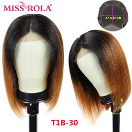 Menselijke chignons Miss Rola 4*4 vetersluiting Pruiken van echt haar Braziliaans remy-haar Recht Korte Bob Pruik 1B30 1B99J 1B27 99J Kanten pruiken 180% dichtheid 231207