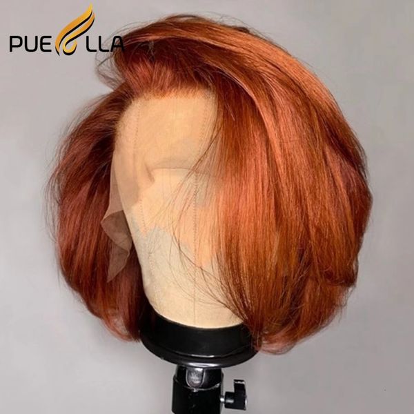 Chignons humains partie latérale 5x5 dentelle fermeture perruque 13x4 gingembre avant cheveux colorés perruques brun court Bob frontal coupe lutin 230609