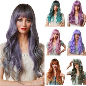 Wigs bouclés humains 2021 Nouveau Noël Halloween Cosplay Animation Air Bangs Big Waves Purple Wig Femme