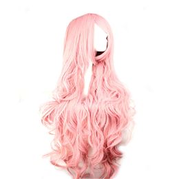 Pelucas rizadas humanas Big Wave Long Curly Wig Cubierta Cabeza de cabello rosa 100 cm Cabello rizado Fibra de altura de la cabeza de seda a alta temperatura