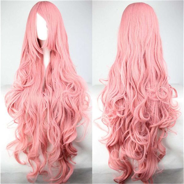 Pelucas rizadas humanas Big Wave Long Curly Wig Cubierta Cabeza de cabello rosa 100 cm Cabello rizado Liu Hai Fibra química Tapa de la cabeza de seda a alta temperatura