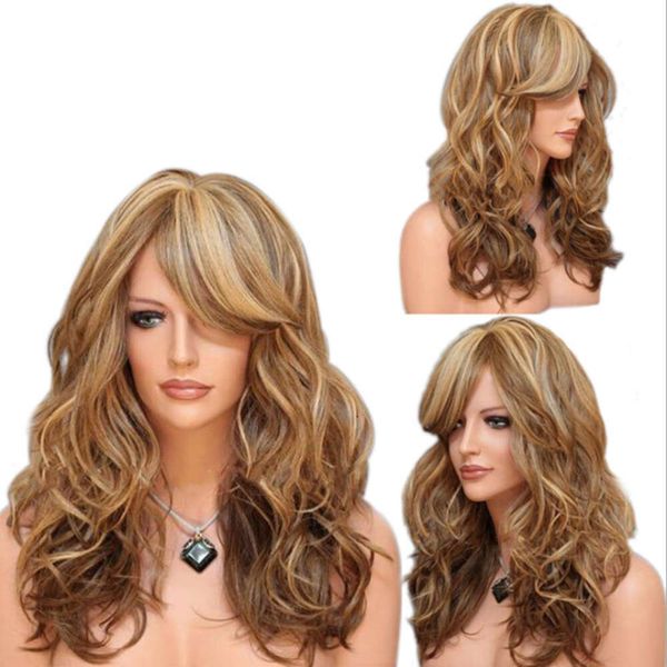 perruques bouclées humaines Golden Wig Femelle Gradient long Coiffure bouclée Fake Bandband noir Vin graduel rouge