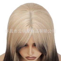 pelucas rizadas humanas nuevas pelucas naturales centro dividido gradiente octogonal marrón coloreado cabello liso largo peluca