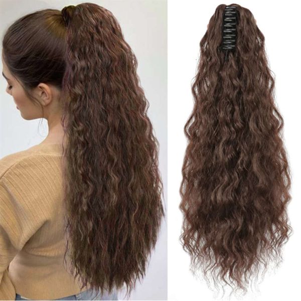 peluca de rizado humano peluca cola de caballo hembra cabello largo con clip de maíz