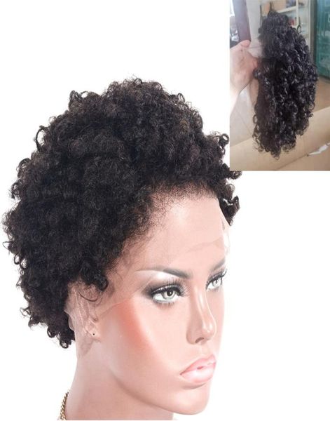 Pelucas delanteras del cordón rizado afro del cabello humano Pelucas delanteras del cordón Pre desplumado Corte Pixie Mongol Corto Remy Hair Curl Wig1589596