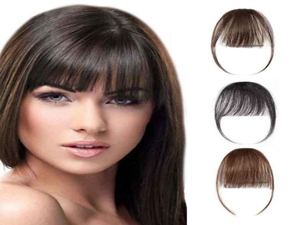 Flequillo de cabello humano Flequillo de pelo con flecos de larga duración Clip negro natural en flequillo de aire con patillas para mujeres 5875729