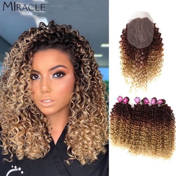 Extensions de cheveux humains en vrac Afro Kinky Curly Extensions de cheveux Ombre Blonde 16-20 pouces Bundles de cheveux synthétiques avec fermeture Weave Hair Fibre haute température 230925