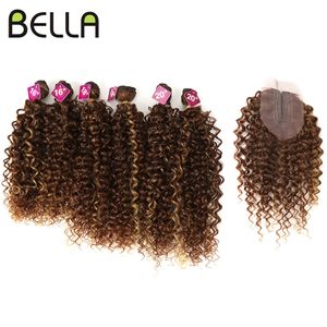 Cheveux humains en vrac Bella Afro Kinky Curly Synthetic Hair 6 Bundles avec 1Closure 7pcs / Lot Ombre Couleur 16-20 pouces Kinky Curly Bundles Extension de cheveux 230925