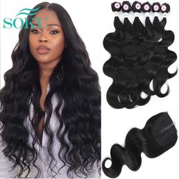 Extensions de cheveux humains en vrac Extensions de cheveux synthétiques Fermeture en dentelle Weave Bundles SOKU Free 4 * 4 Fermeture Nature Extensions de cheveux à tissage profond 6 Bundles 230925