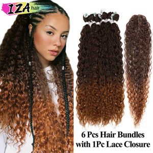 Extensions de cheveux bouclés crépus synthétiques IZA 6PCS avec fermeture 2 * 4 Cheveux organiques bouclés super longs 28-32 pouces Ombre Blonde Weave Hair 230925