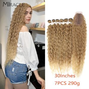 Extensions de cheveux synthétiques en vrac Afro Kinky Curly Bundles de cheveux avec fermeture Ombre Brown Golden 30 pouces Soft Super Long Wave Hair Weav 230925