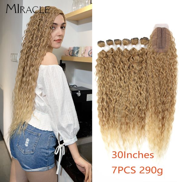 Extensiones de cabello humano a granel Extensiones de cabello sintético Afro Kinky Paquetes de cabello rizado con cierre Ombre Marrón Dorado 30 pulgadas Suave Super Long Wave Hair Weav 230925