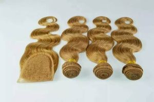 El cierre del cordón del paquete del cabello humano teje el cierre 100grams/pcs cierre del cordón rubio con los paquetes el pelo virginal brasileño cose en extensiones de cabello
