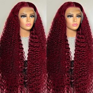 Capless pruiken van echt haar 13x4 diep krullend kant frontale pruik transparant 99J bordeaux T-deel Lace Front pruiken rood gekleurd HD diepe golf pruiken van echt haar x0802