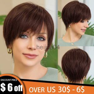 Perruques capless de cheveux humains marron 100 perruques de cheveux humains Remy Lace Front avec une frange Pixie Cut Hairs Short Straight Layered Bob Wigs pour les femmes blanches Perruque humaine x0802