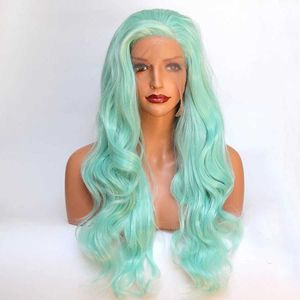 Perruques Capless Cheveux Humains Menthe Vert Clair Synthétique Transparent Lace Front Perruques Long Ondulé Naturel Hairline Sans Colle Résistant À La Chaleur pour Cosplay Perruque x0802