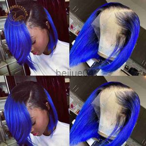 Capless pruiken van echt haar Ombre Blue Bob Lace Front Pruiken van echt haar 13X4 Oranje 1B613 1B99J Roze Gekleurde Korte Bob Lace Frontal Wig Sluiting Pruik x0802