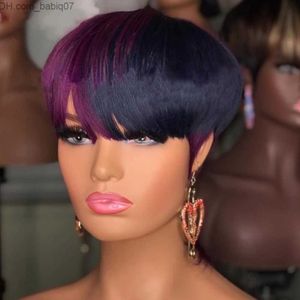 Capless pruiken van echt haar Ombre Highlight Rose Purple Color Remy Human Hair Wigs Pixie Short Cut Bob Brazilian Straight Geen Lace Front Wig Z230731