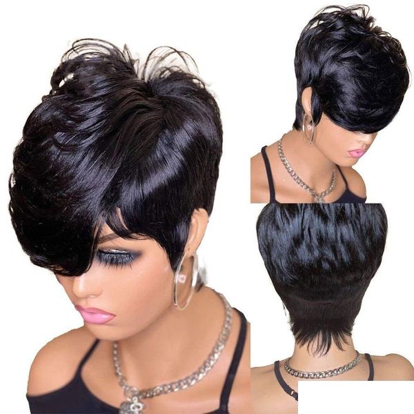 Perruques capless de cheveux humains coupe courte Pixie ondulé indien Bob sans dentelle perruque avec frange pour les femmes noires Fl Hine fabriqué produits de livraison directe Otiyk