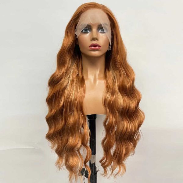 Pelucas sin tapa de cabello humano Pelucas sin desglose frontal de encaje sintético para mujeres Largo ondulado Rubio Marrón Brasileño DailyCosplay Anime Fibra de alta temperatura x0802