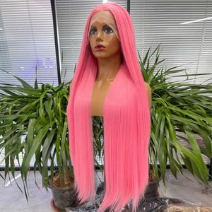 Capless pruiken van echt haar Synthetisch Roze Kleur Kanten pruiken Voor Dames Lang Recht Kanten Voorhaar Natuurlijke haarlijn HighTemperature Fiber DagelijksCosplay x0802