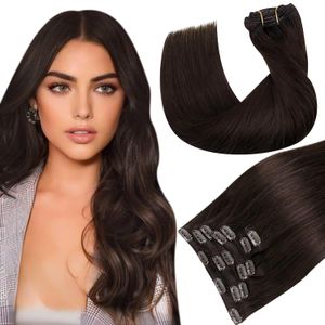 Extensions de cheveux humains à clips, brun foncé, double trame, extensions de cheveux lisses Remy, 120 g