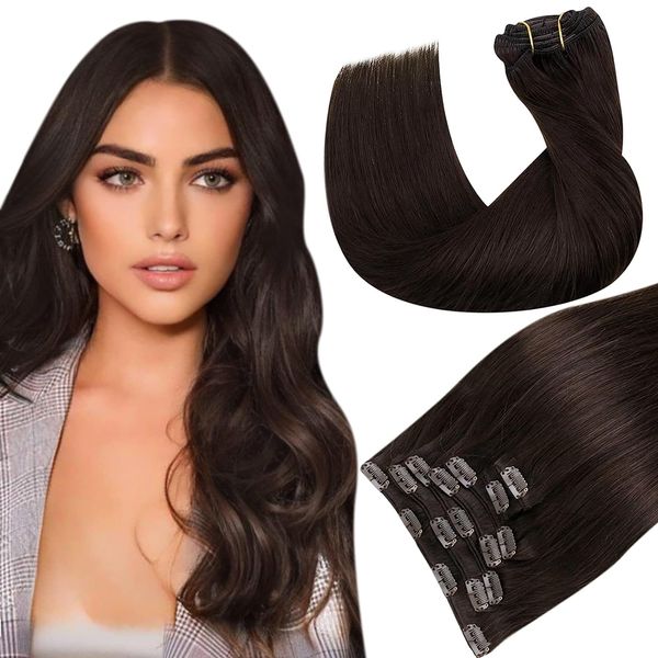 Extensiones de cabello humano con clip, color marrón oscuro, 120 g, doble trama, extensiones de cabello liso Remy