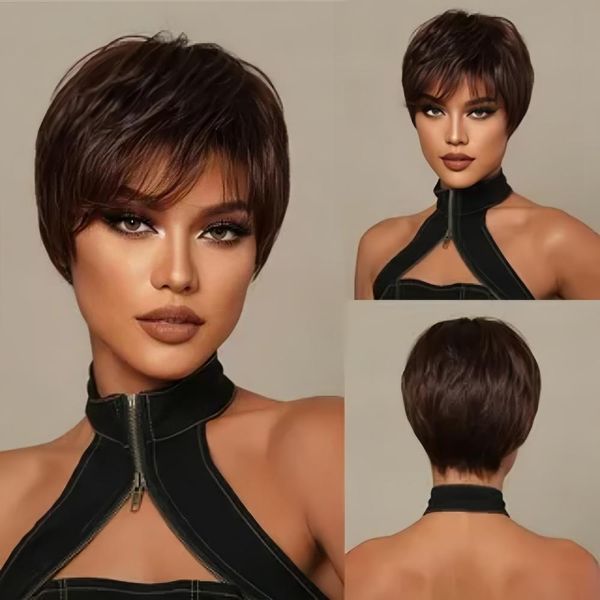 Pixie à cheveux humains Wig coupé pour les femmes noires Wigs de cheveux noirs noirs avec une bangs soignés mignonnes de pixie coupée Machine faite de perruque